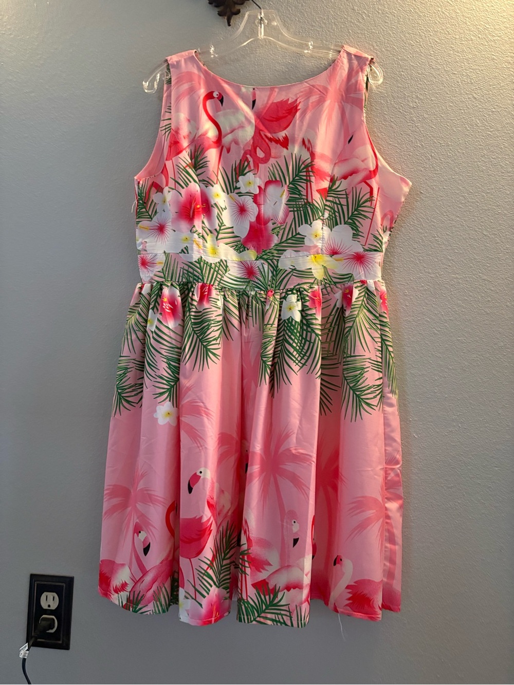 Sleeveless Pink Flamingo & Tropical Floral Midi Dress